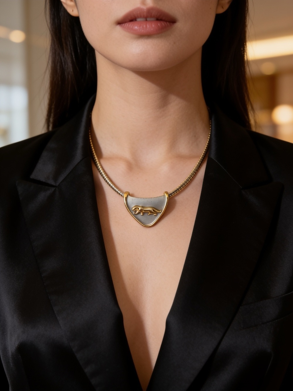 Gold Plated Omega Chain with 2 Tone Panther Slide Pendant.